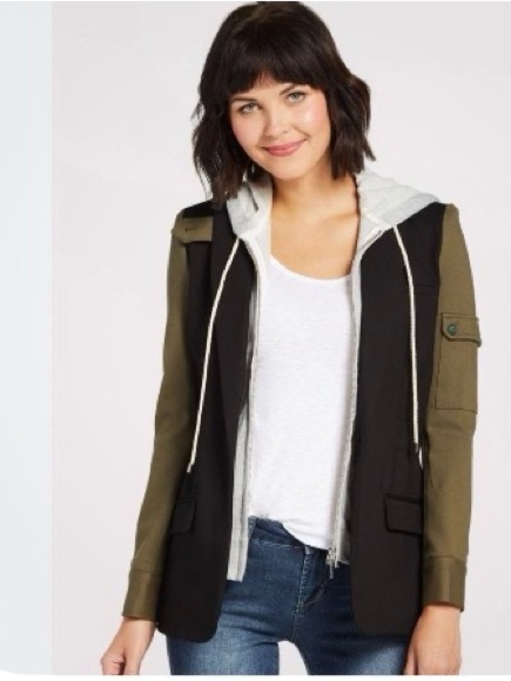 Evereve Olive Sleeve & Black Body Hooded Blazer Jamison Jacket Like New EUC